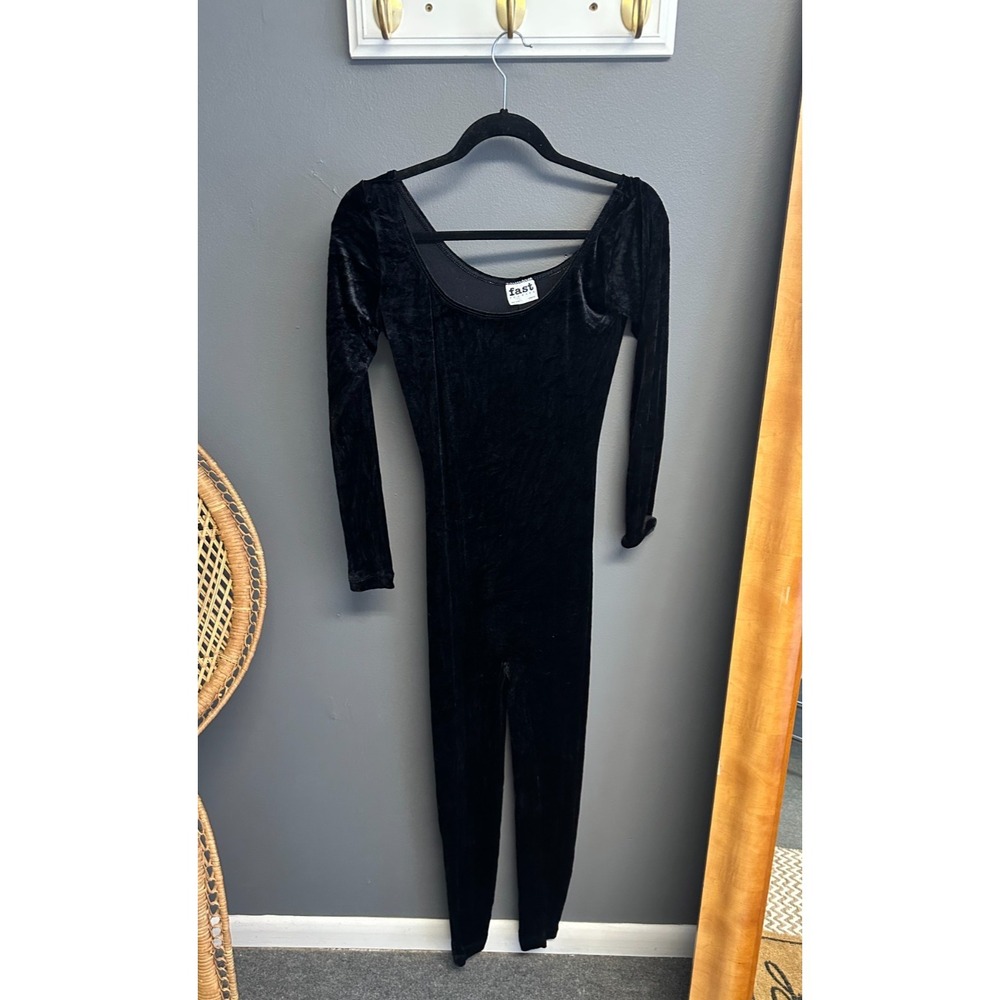 Vintage 90s Unitard Sz L Black Stretch Crushed Velvet Catsuit Leotard‎ Jumpsuit
